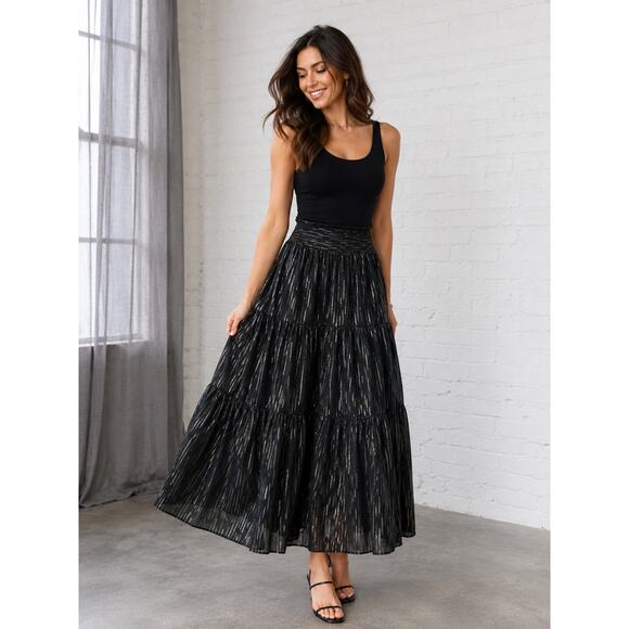 Elan Dresses & Skirts - Elan Women’s Small Black Metallic Stripe Tiered Maxi Skirt Boho Elastic Waist